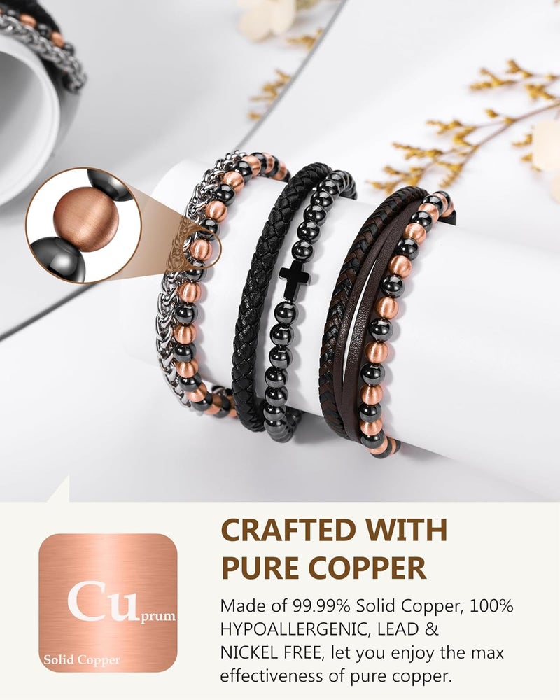 Feraco Pure Copper Magnetic Bead Bracelet for Men Women, 8mm 99.99% Solid Copper & 3500 Gauss Magnetic Hematite Beads, Unisex Stretch Wristband, Gift-Ready Jewelry - Image 3